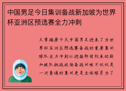 中国男足今日集训备战新加坡为世界杯亚洲区预选赛全力冲刺