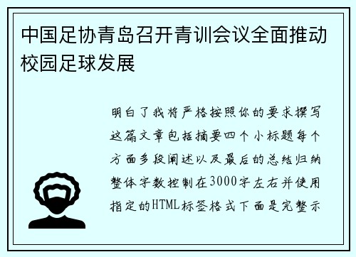 中国足协青岛召开青训会议全面推动校园足球发展