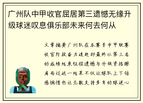广州队中甲收官屈居第三遗憾无缘升级球迷叹息俱乐部未来何去何从